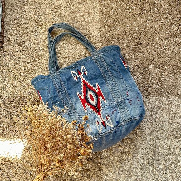 Denim & Supply Ralph Lauren Embroidered Aztec Western Jean Tote Shopper Bag - Picture 1 of 16